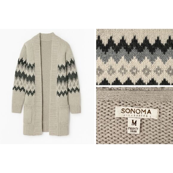 Sonoma Life + Style Fair Isle Open Front Cardigan Gray Black Knit Women’s M - Picture 8 of 13